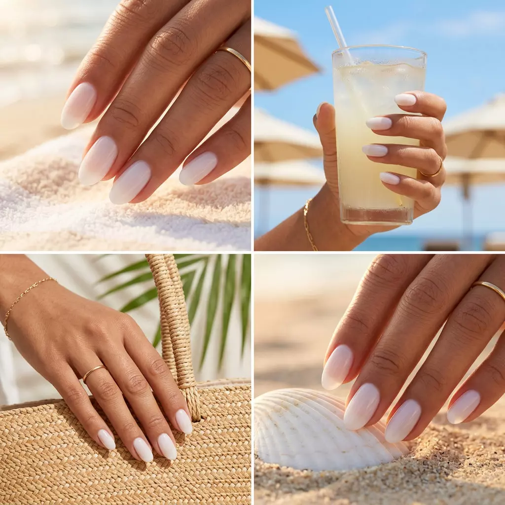 Sheer white jelly ombre summer nails 2026 for wedding guest, daily wear. Ethereal, clean art.