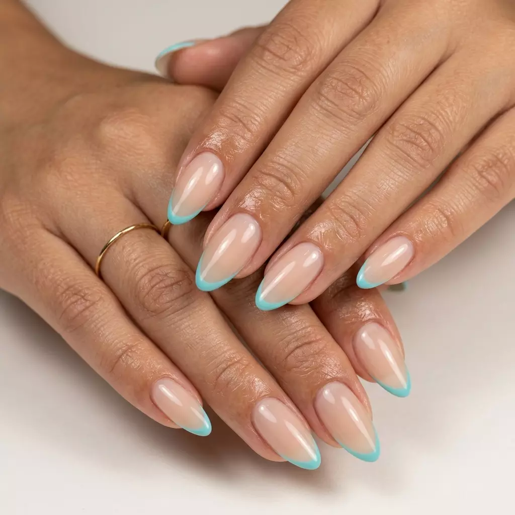 Aqua Breeze French Tip Nails 2026 Aqua blue French tip nails for summer nails beach vibes 2026. Sophisticated wedding guest style.