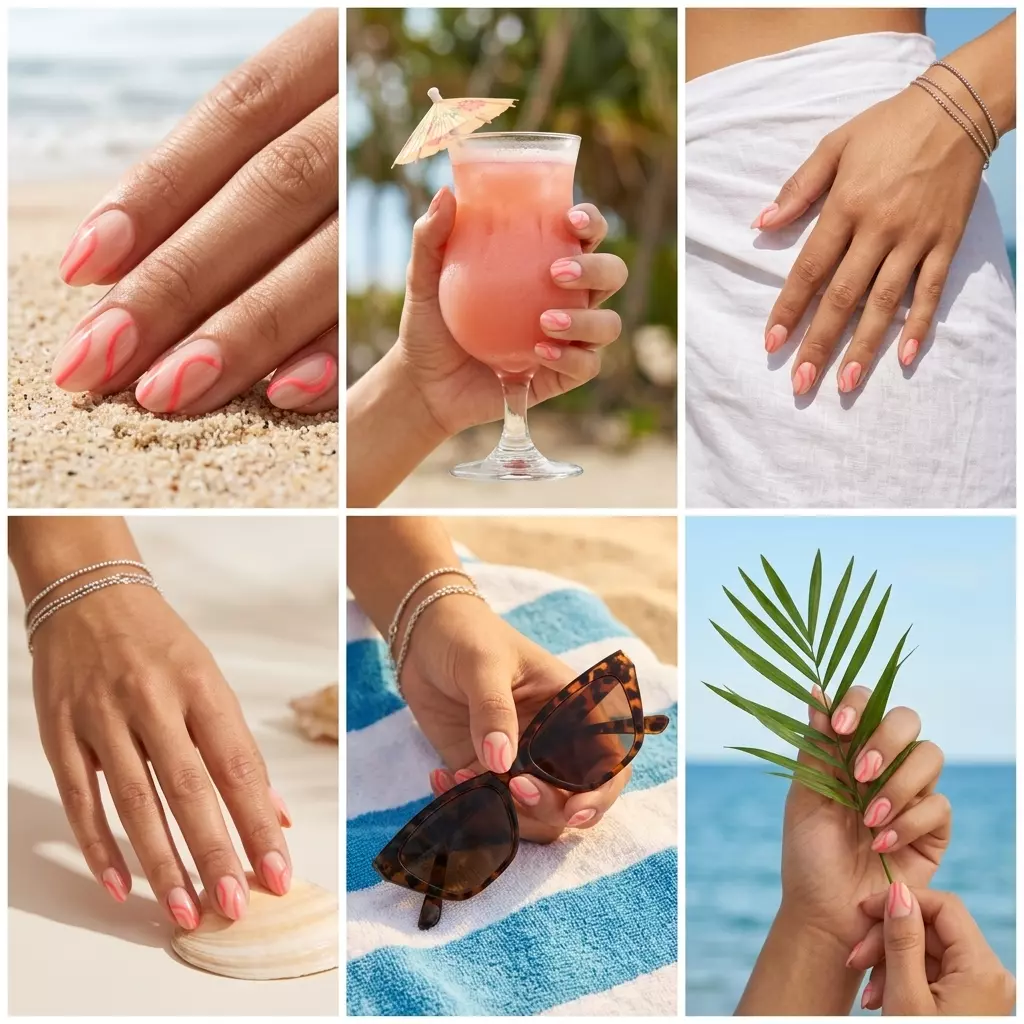 Coral Pink Abstract Lines Oval Nails 2026 Coral pink abstract lines oval nails for summer nails beach vibes 2026, perfect for casual outings and brunch.