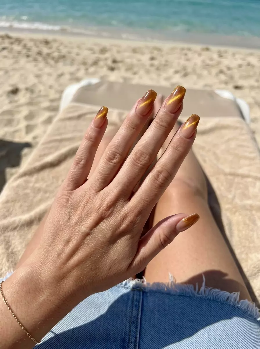 Golden Hour Cat-Eye Coffin Nails 2026 Golden hour cat-eye coffin nails for summer nails beach vibes 2026, ideal for date nights and evening events.