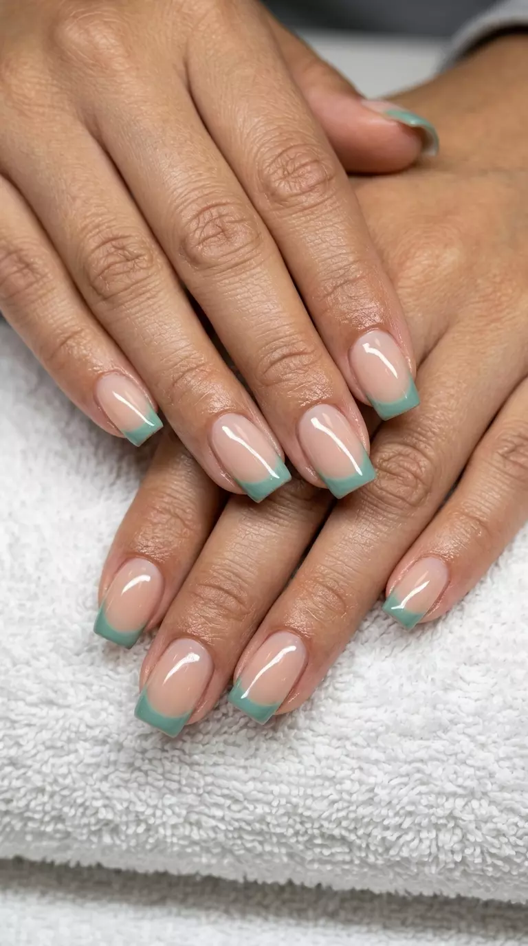 Modern Seafoam French Nails 2026 Modern Seafoam French nails for summer nails beach vibes 2026. Sophisticated nude base with seafoam green tips.