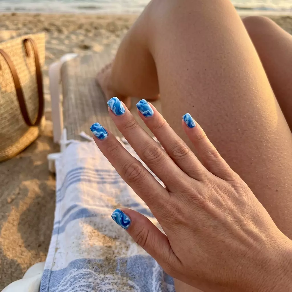 Ocean Current Marble Square Nails 2026 Ocean Current Marble Square nails for summer nails beach vibes 2026. Artistic electric blue and white marble on short square nails.