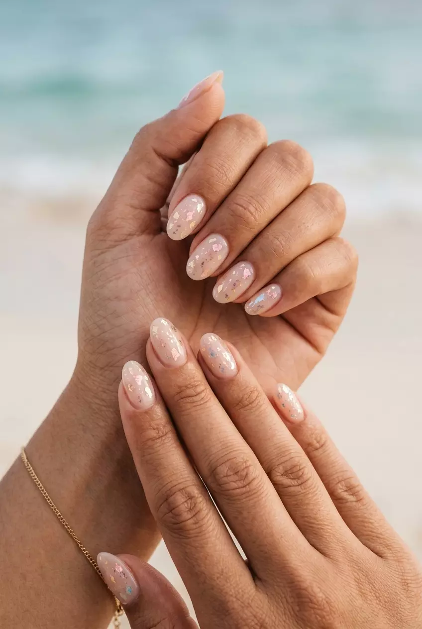 Sun-Kissed Sand Flake Nails 2026 Sheer nude nails with iridescent foil flakes for summer nails beach vibes 2026. Chic casual look.