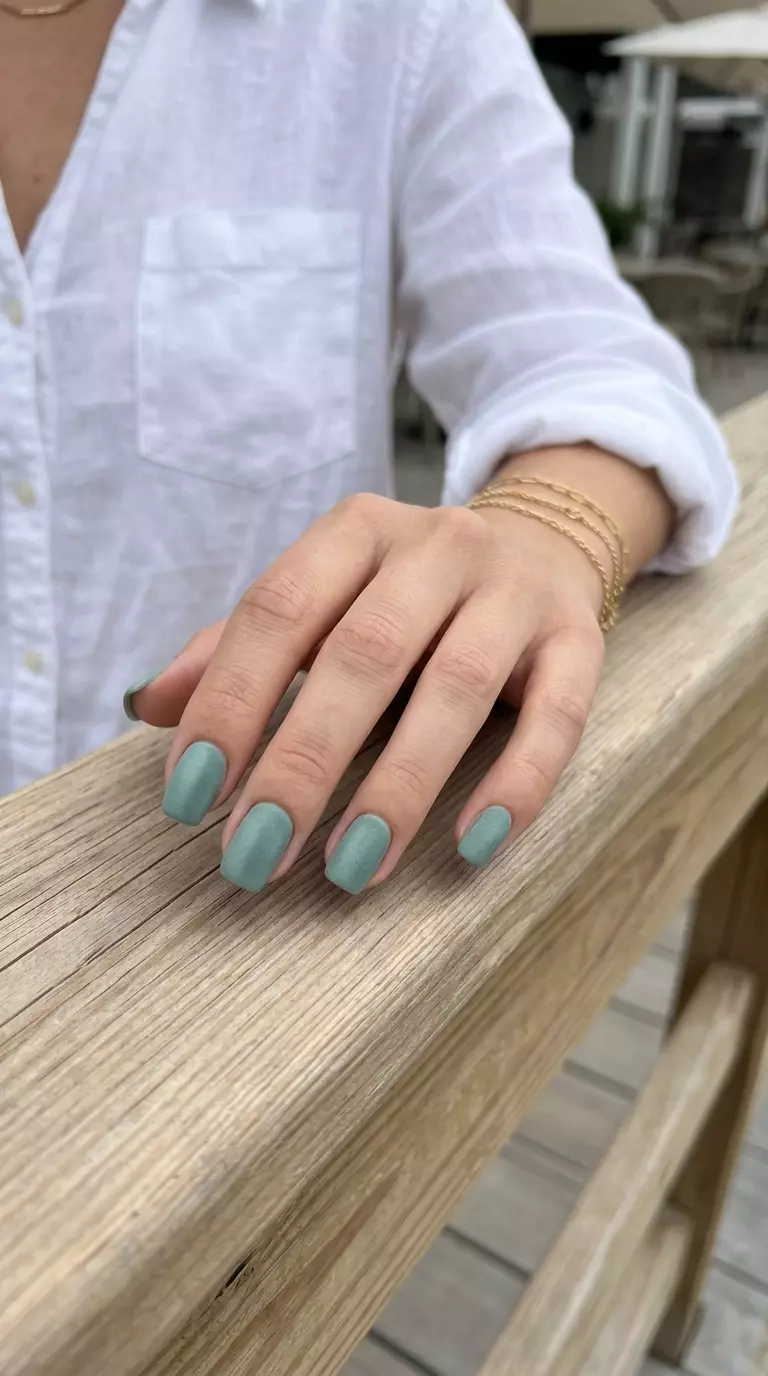 Coastal Calm Velvet Nails 2026 Muted seafoam green velvet matte nails for summer nails beach vibes 2026. Minimalist daily style.