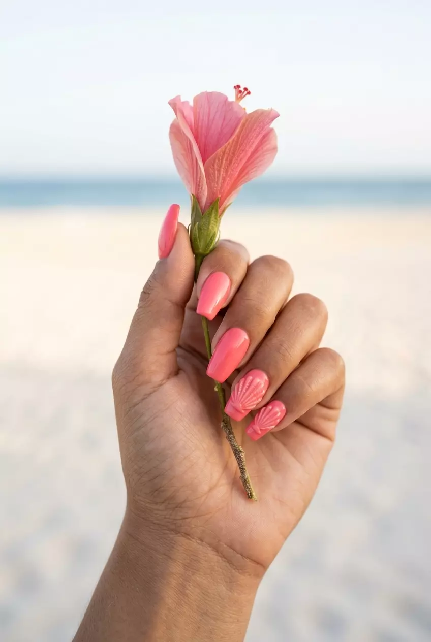 Textured Seashell Coral Nails 2026 Textured seashell coral pink nails for summer nails beach vibes 2026. Bohemian festival style.