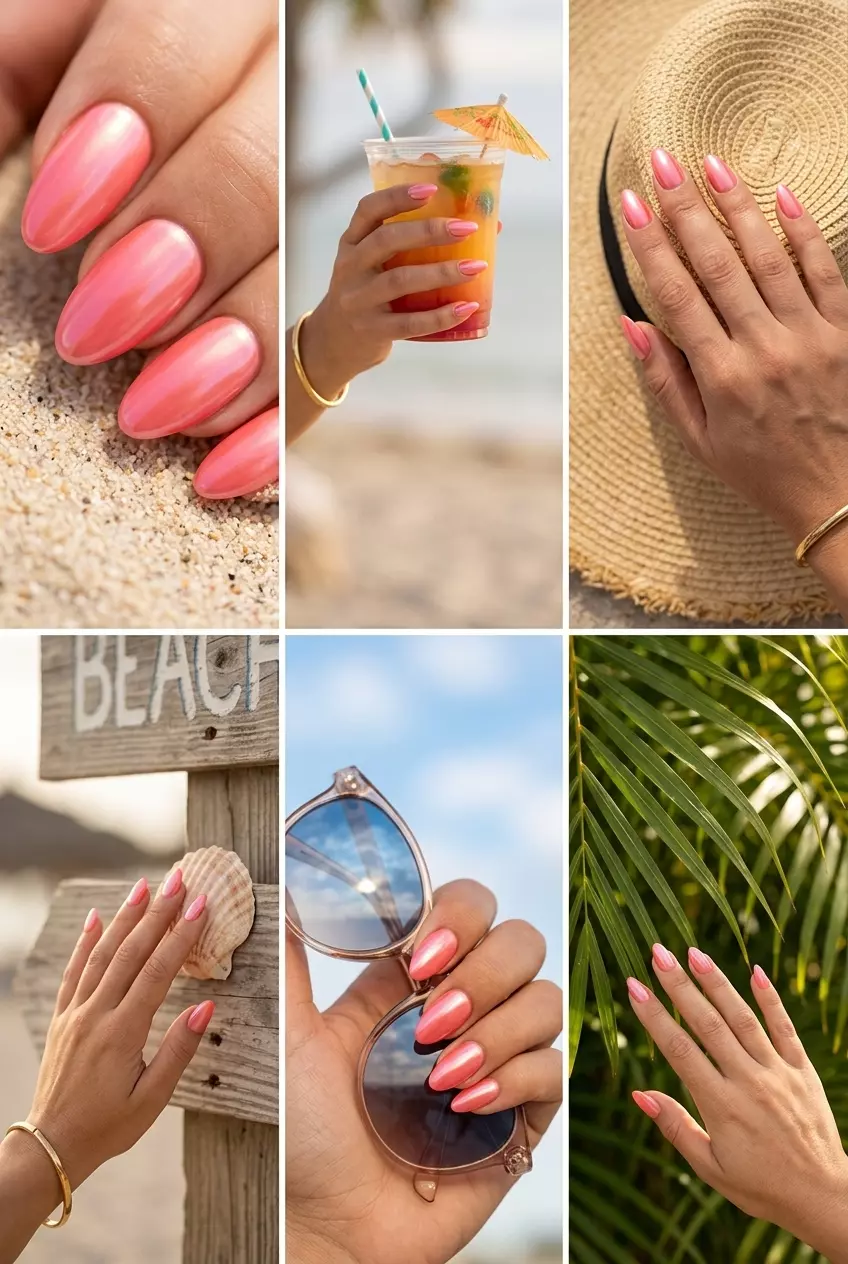 Tropical Glazed Coral Pink Almond Nails 2026 Tropical glazed coral pink almond nails for summer nails beach vibes 2026, ideal for vacation and beach days.