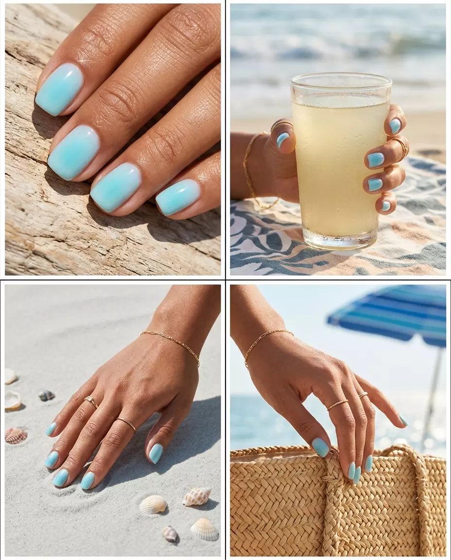 Watery Aura Squoval Nails 2026 Soft aqua aura squoval nails for summer nails beach vibes 2026, great for daily wear and casual weekends.