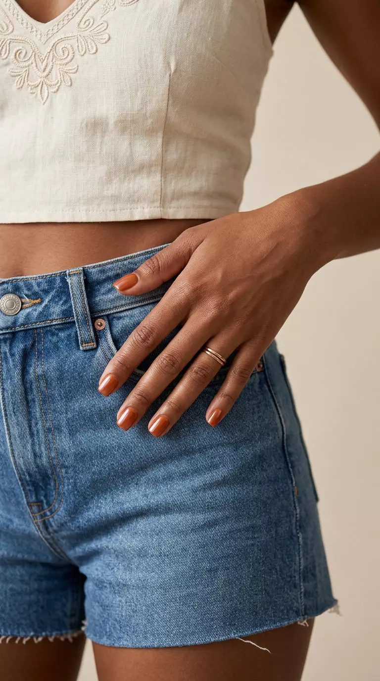 Burnt Orange Creamy Chrome 2026 Burnt orange creamy chrome nails for summer 2026, trendy for festivals and casual days.