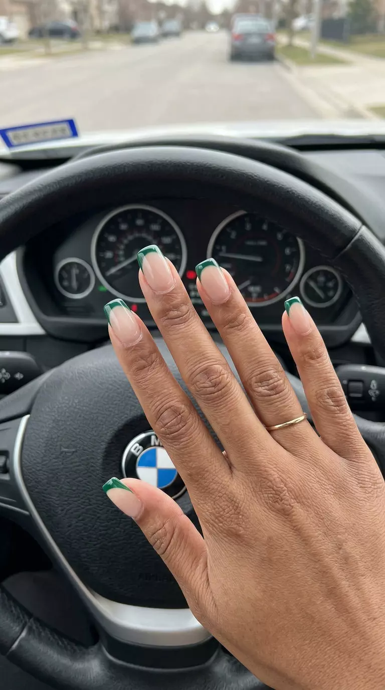 Emerald Green Micro French 2026 Emerald green micro French tip nails for summer 2026, chic for date nights and formal events.