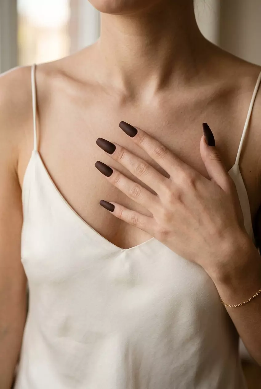 Espresso Velvet Matte Nails 2026 Espresso brown velvet matte coffin nails for summer 2026, sophisticated for formal events.