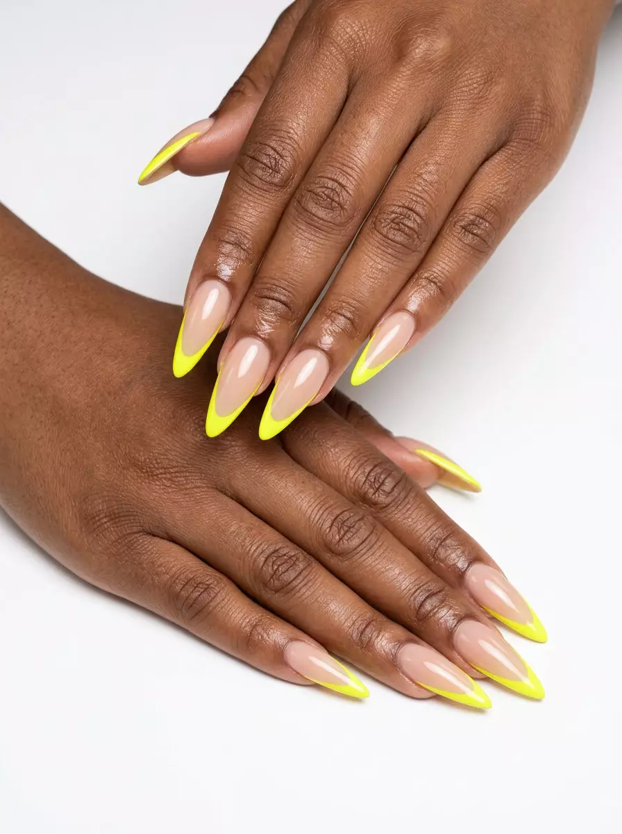 Neon Yellow French Tips 2026 Electric yellow neon French tip nails for summer 2026, perfect for parties and festivals. Bold & edgy.