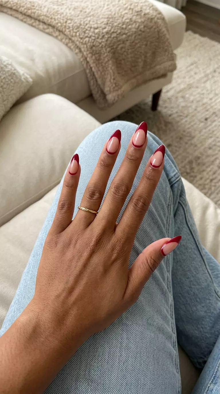 Crimson Moon Reverse French Nails 2026 Crimson Moon Reverse French nails for date night, featuring deep crimson red on a sheer nude base. Perfect summer nails for brown skin tone 2026.