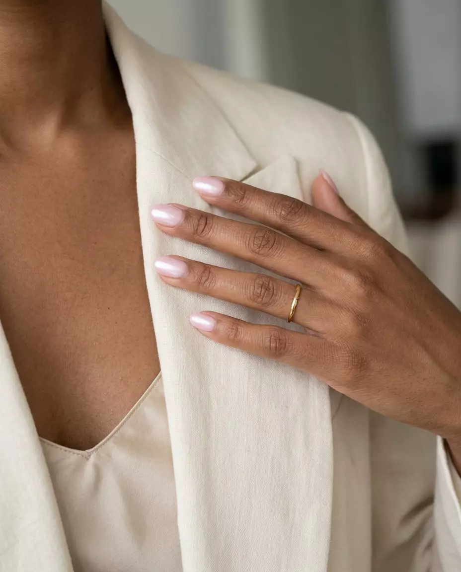 Milky Peach Pearlescent Nails 2026 Milky Peach Pearlescent Sheen nails for summer 2026: soft peach with a luminous pearlescent glow.