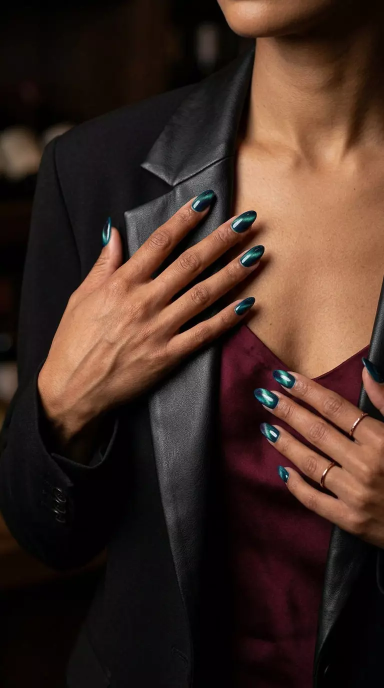 Ocean Teal Cat-Eye Nails 2026 Ocean Teal Mesmerizing Cat-Eye nails for summer 2026: deep teal with shifting magnetic effect.