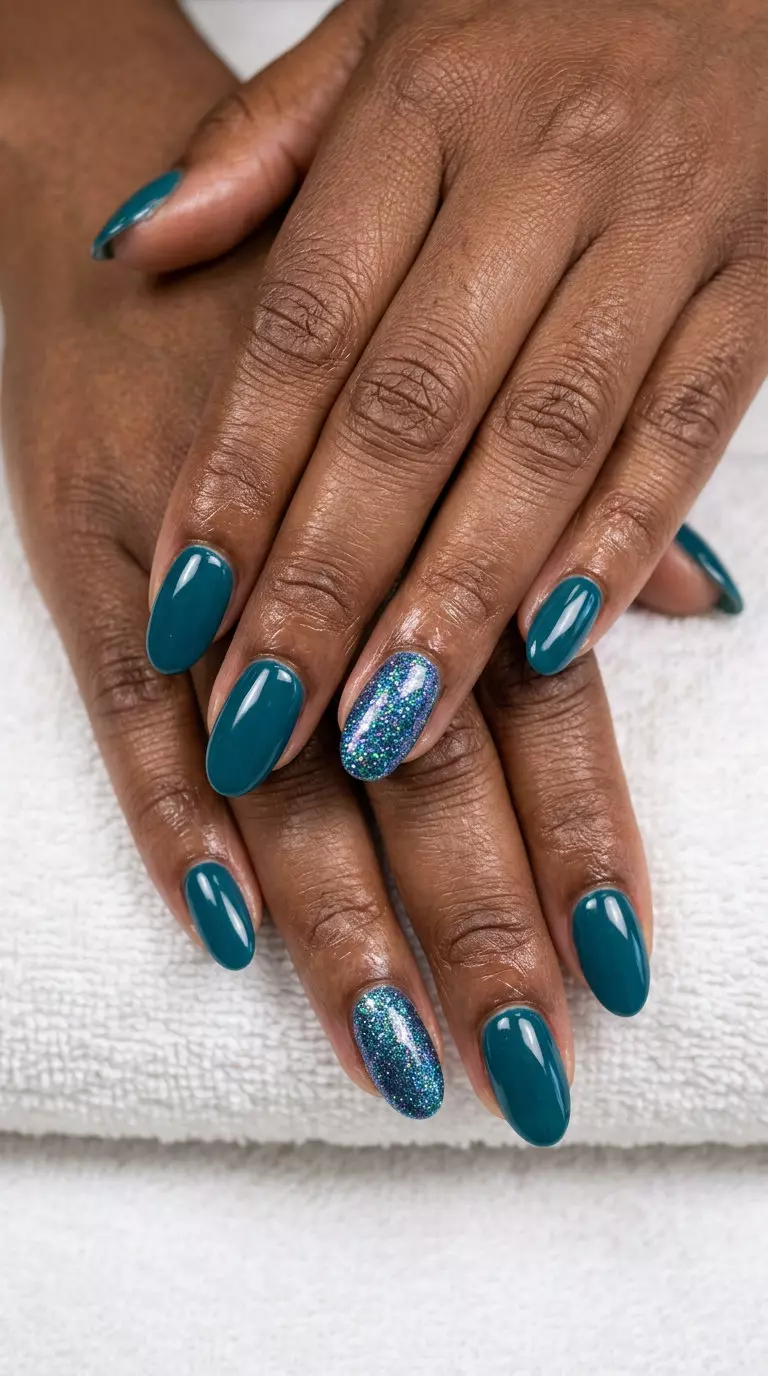 Teal Glitter Accent Nails 2026 Sparkling Teal Glitter Accent nails for summer 2026: deep teal with iridescent glitter accent.