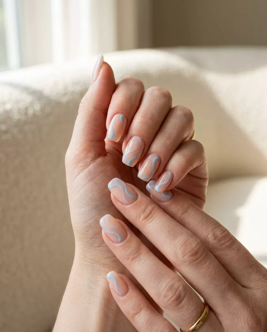 Baby Blue Swirls Almond nails for summer 2026: whimsical, artistic vacation or festival style.