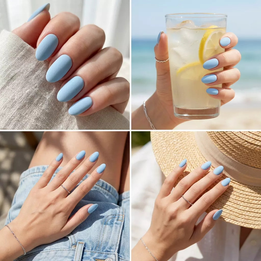 Baby Blue Velvet Oval Nails 2026 Baby Blue Velvet Oval nails: Soft baby blue with grey undertones and velvet finish for summer nails for pale skin 2026.