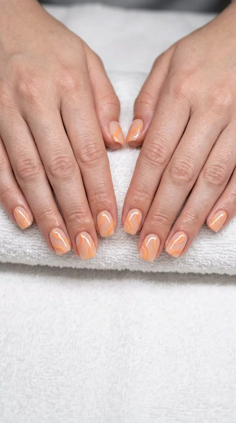 Coral Abstract Swirls Nude Nails 2026 Coral abstract swirls on nude nails for summer nails for pale skin 2026. Bohemian, artistic long coffin nails.