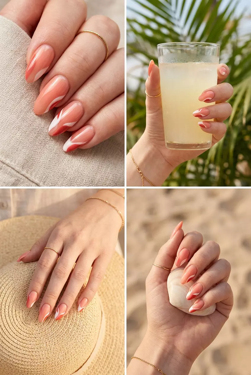 Coral Sketch Almond Nails 2026 Coral Sketch Almond nails: Soft coral sheer with white and deep coral abstract lines for summer nails for pale skin 2026.