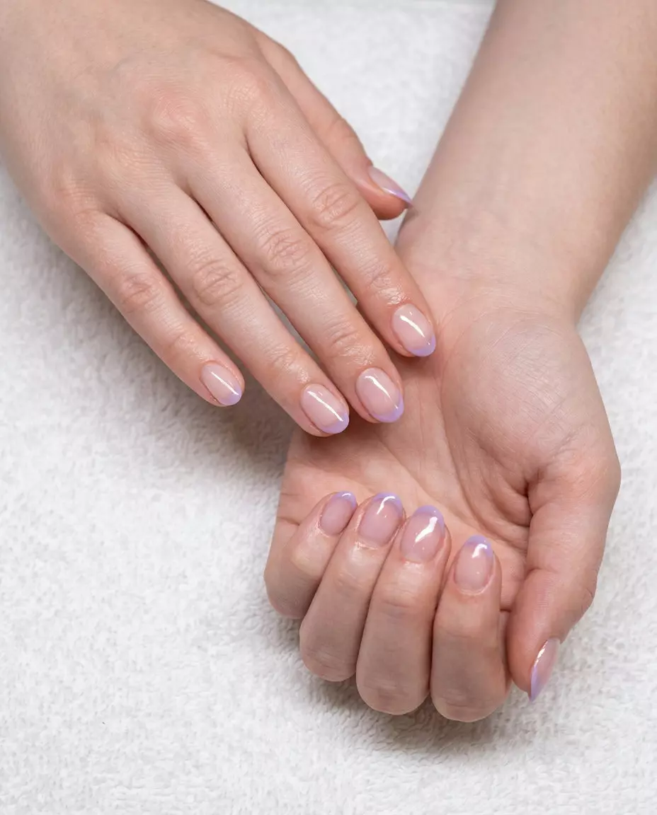 Jelly Lavender Micro French Nails 2026 Jelly lavender micro French tips for summer nails for pale skin 2026. Playful, chic short nails.