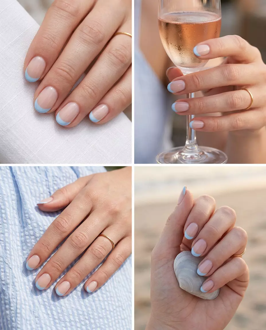 Lunar Blue Half Moon Nails 2026 Lunar Blue Half Moon nails: Baby blue and sheer nude for a minimalist, clean look for summer nails for pale skin 2026.