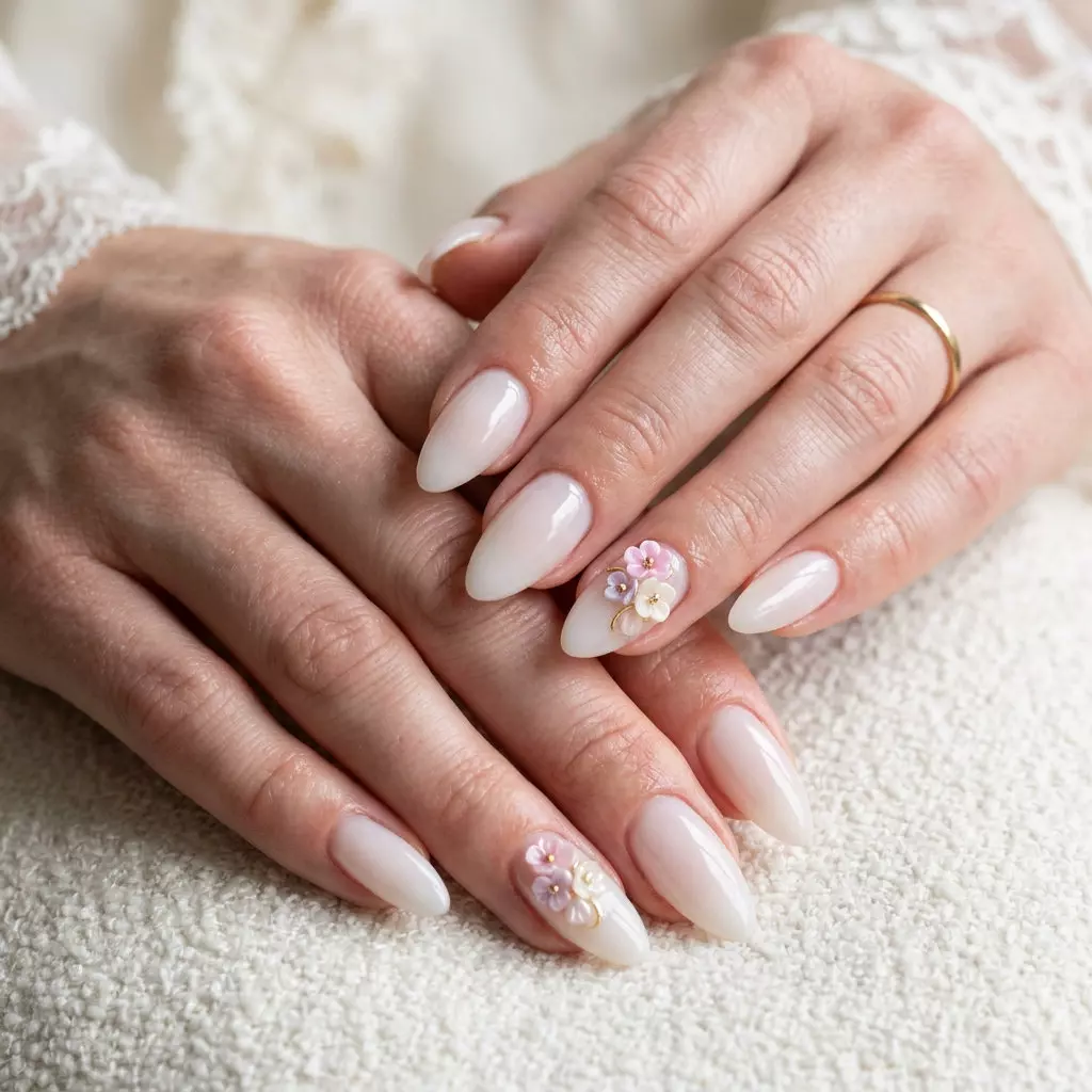 Milky White Floral Charms Nails 2026 Milky white floral charms nails for summer nails for pale skin 2026. Romantic, ethereal short oval nails.