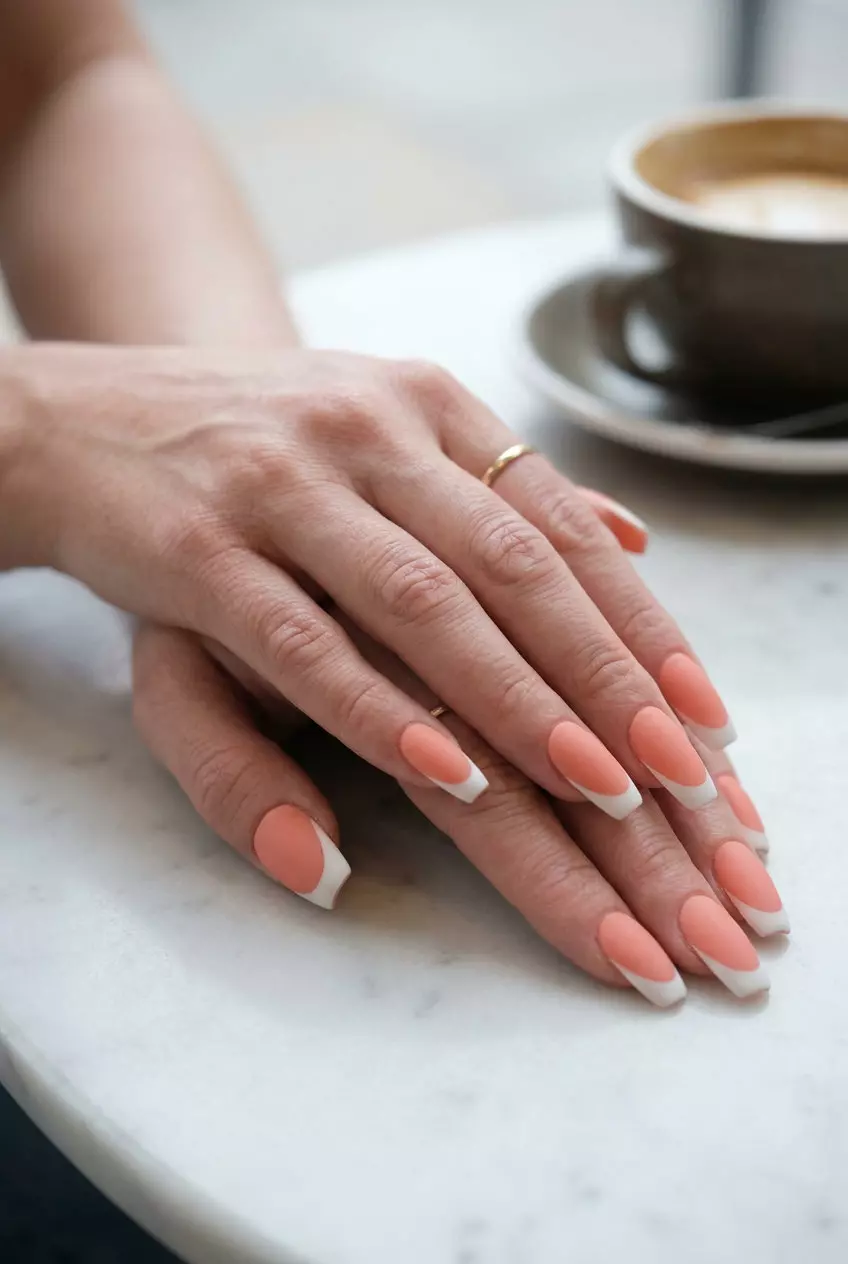 Soft Coral Matte French Nails 2026 Soft Coral Matte French nails: Soft coral with matte white tip for a retro, chic look for summer nails for pale skin 2026.