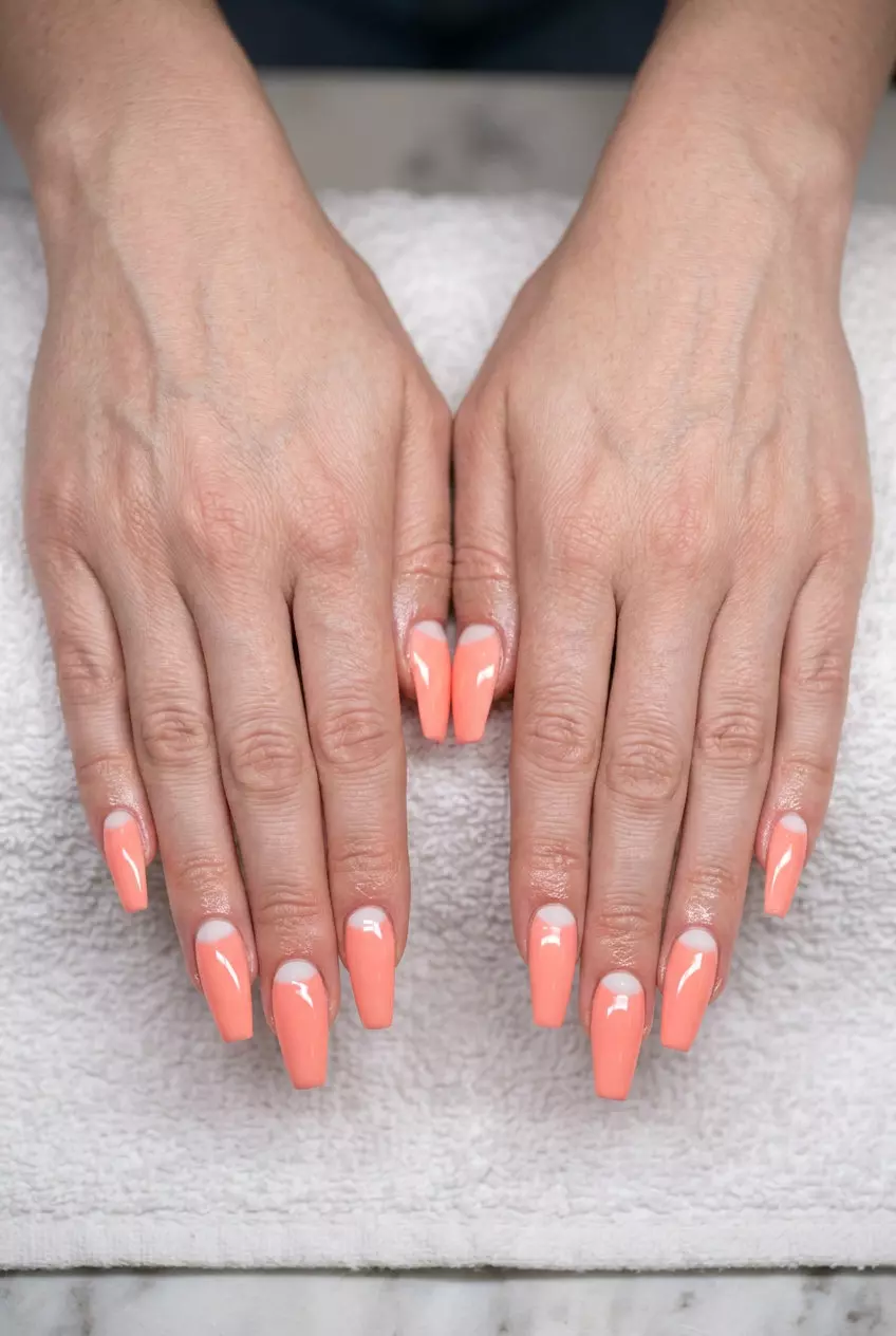 Soft Coral Reverse French Nails 2026 Soft Coral Reverse French nails: Soft coral with milky white half-moon at cuticle for summer nails for pale skin 2026.