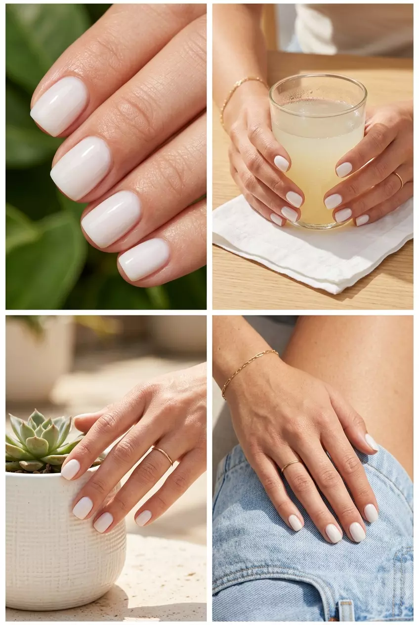 Clean Milky Short Square nails in opaque milky white. Perfect for daily wear, office, and casual polished looks.