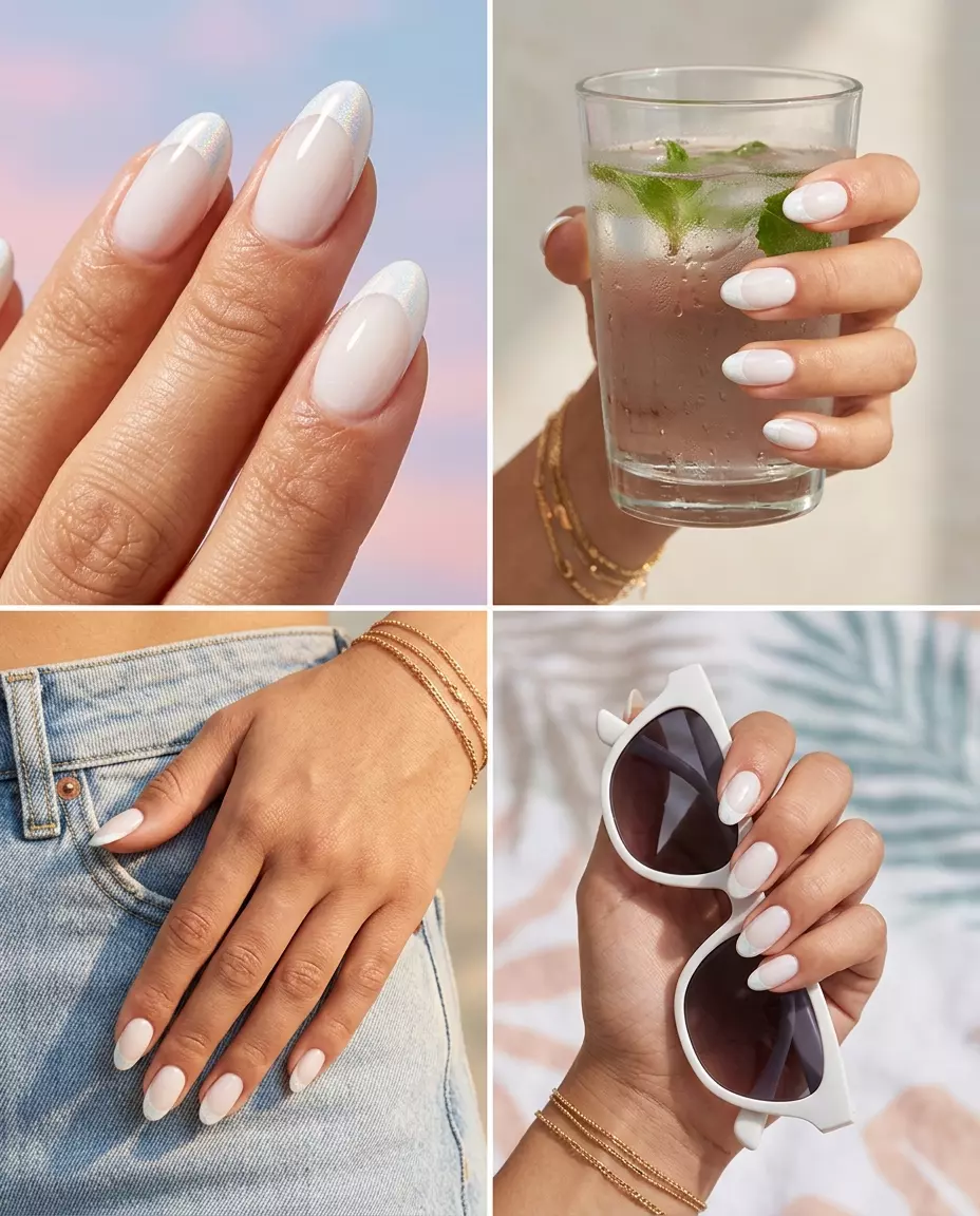 Sparkling Holographic White French nails with opaque milky white base and shimmering holographic tip. Ideal for parties.