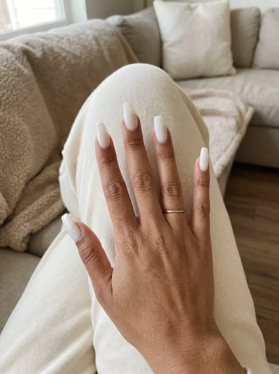 Edgy Glossy White Lipstick Tip nails in opaque true milky white. Perfect for parties and fashion events.