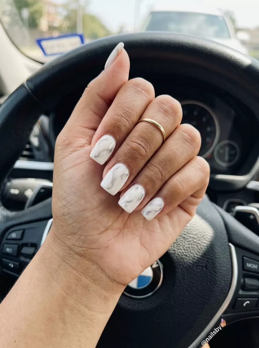 Sophisticated Milky Marble Square nails with opaque milky white and soft grey veining. Great for work and business casual.