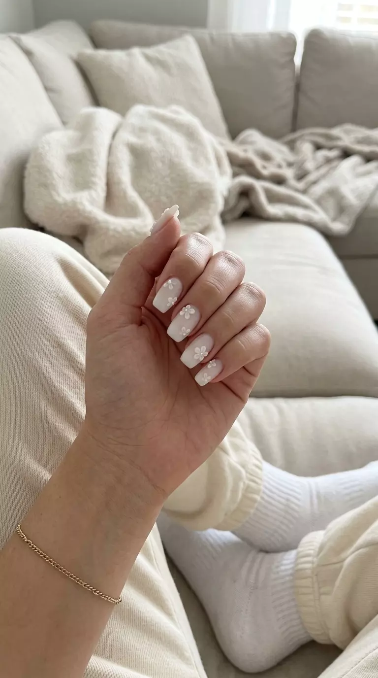 Romantic Milk Bath nails with milky white base and white 3D floral charms. Ideal for weddings and bridal showers.