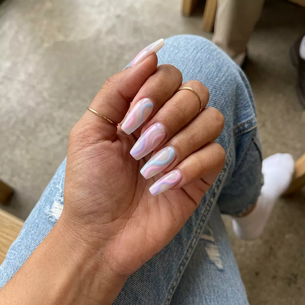 Milky white abstract swirl nails for summer vacation. Bohemian, artistic, relaxed summer nails milky white 2026.