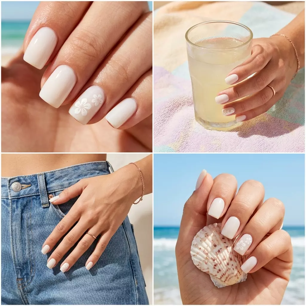 Milky white decal accent nails for daily wear. Minimalist, clean, polished summer nails milky white 2026.