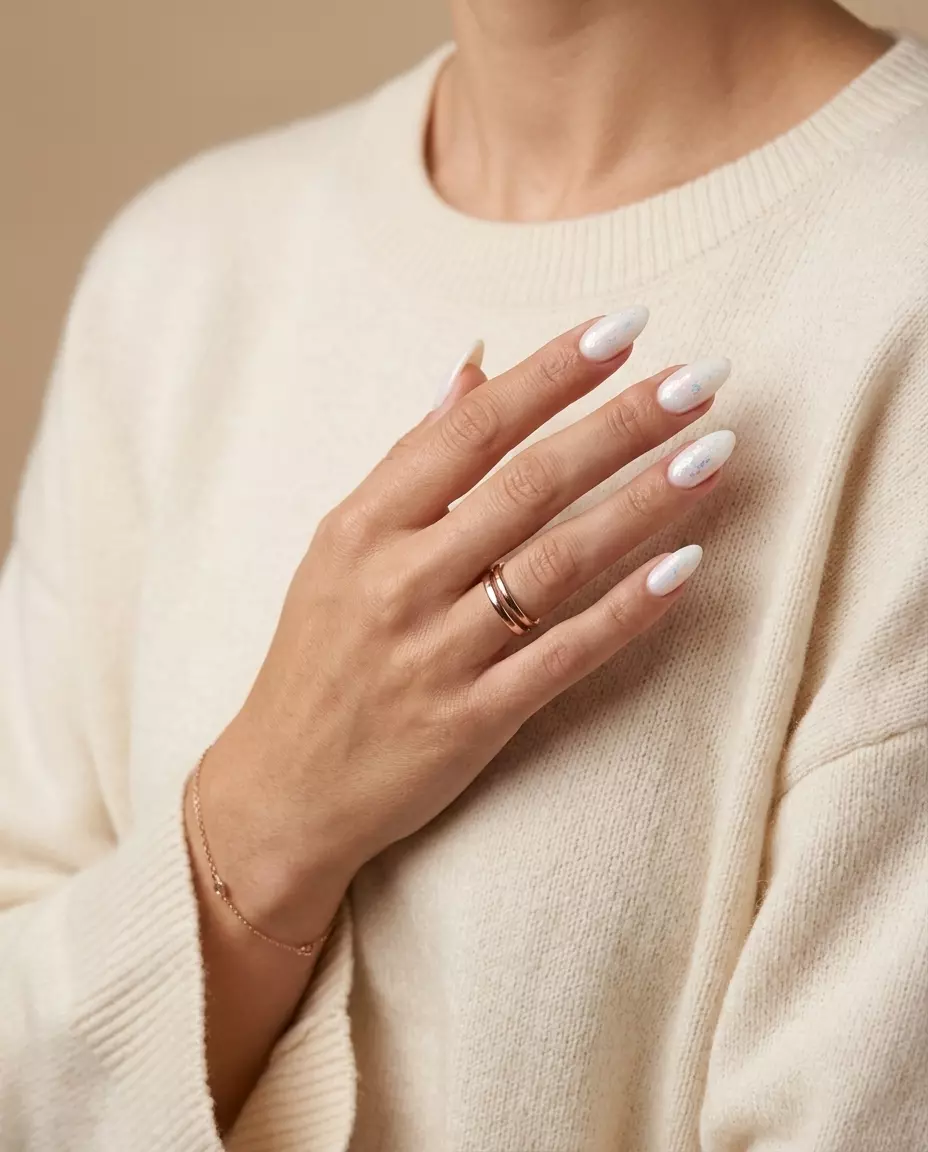 Milky white scattered foil flakes for summer 2026. Glamorous, chic look for date nights & parties.