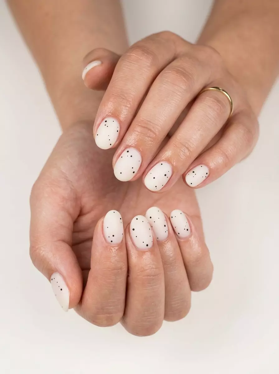 Matte milky white minimalist dots for summer 2026. Modern, playful look for casual outings & work.