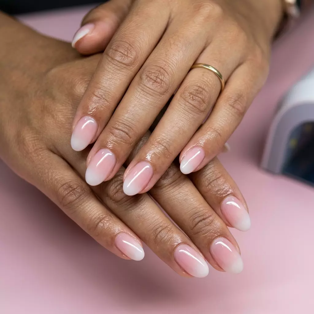 Milky pink ombre almond nails for summer 2026. Romantic, ethereal look for weddings & date nights.