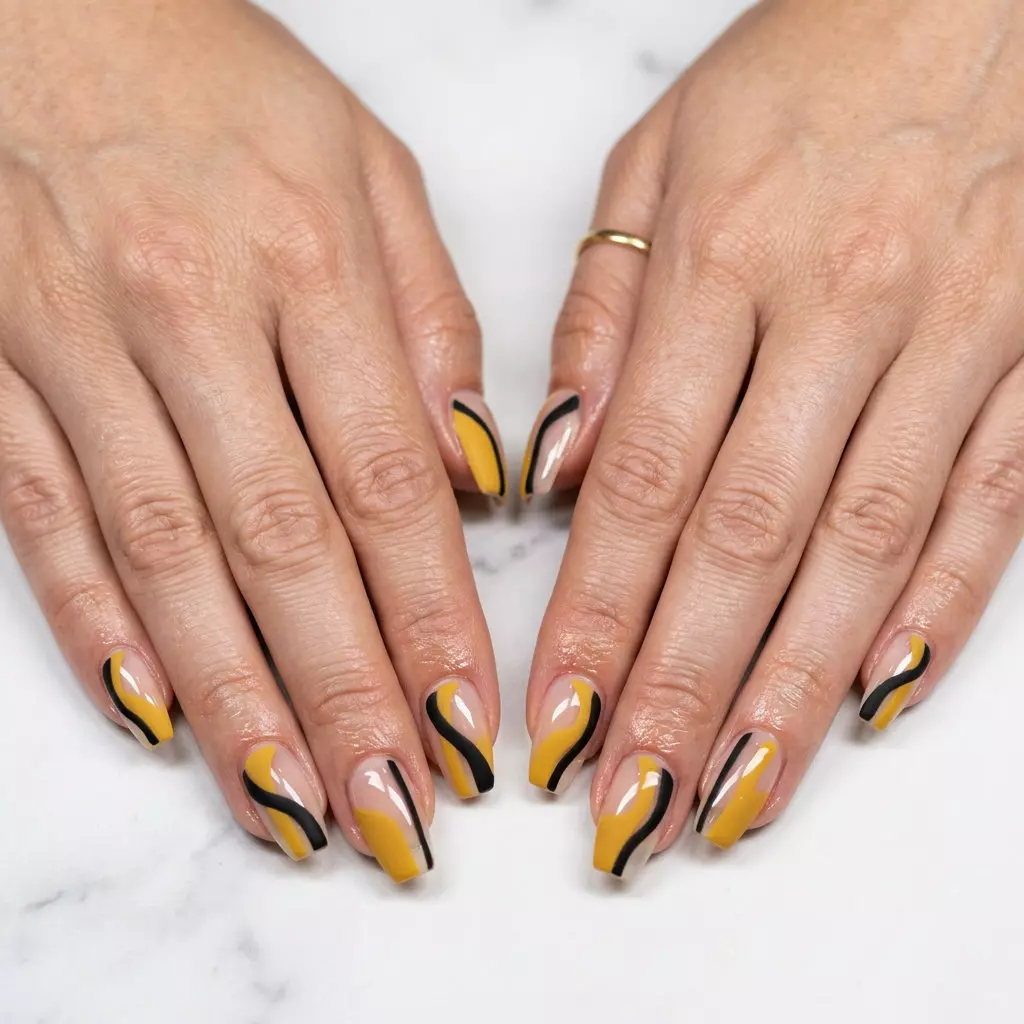 Mustard Yellow Abstract Lines 2026 Edgy mustard yellow and black abstract line coffin nails for festivals. Summer nails yellow 2026.