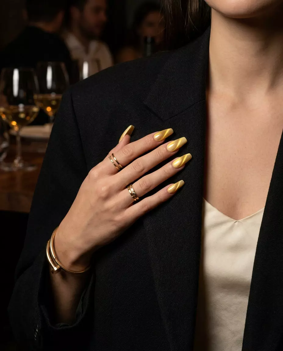 Butter Yellow Golden Cat-Eye 2026 Butter Yellow Golden Cat-Eye stiletto nails for summer nails yellow 2026. Sultry and alluring for date nights.