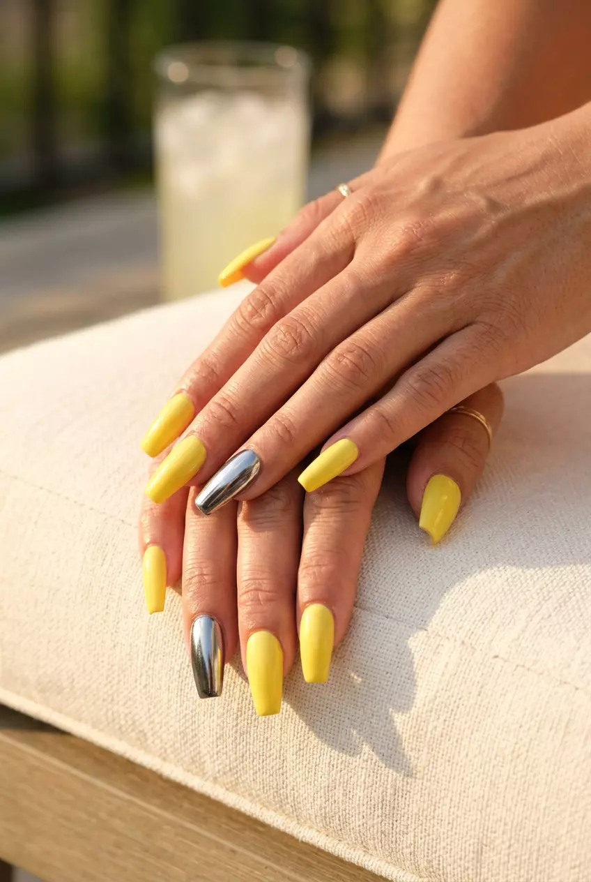 Lemon Zest Chrome Accent Coffin 2026 Glamorous lemon zest yellow with silver chrome accent coffin nails for parties. Summer nails yellow 2026.