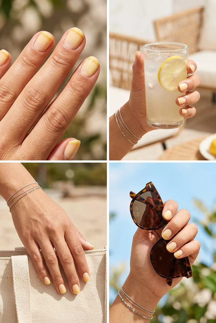 Whisper Yellow Delicate Lines 2026 Minimalist whisper yellow delicate line short oval nails for work. Summer nails yellow 2026.