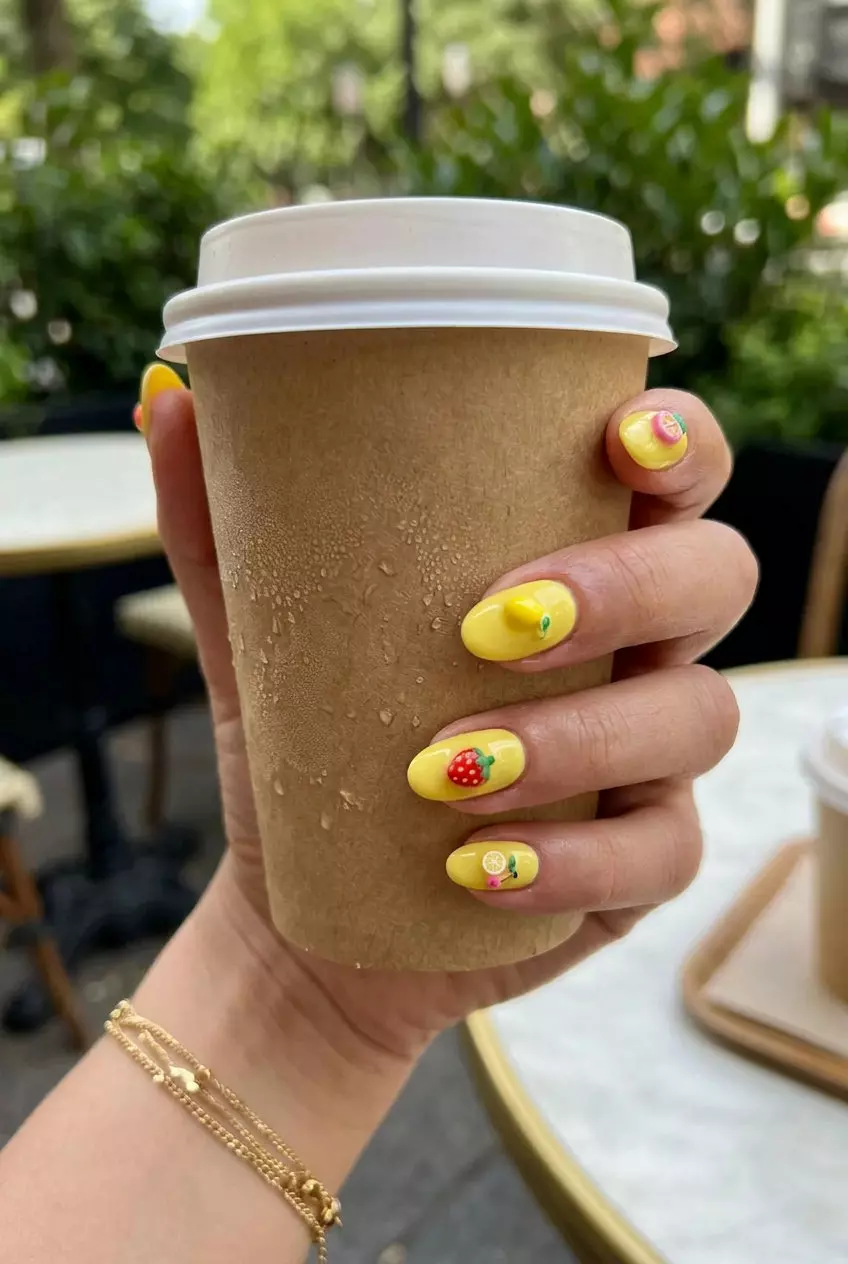 Lemon Zest 3D Fruit Charms 2026 Lemon Zest 3D Fruit Charms on short nails for summer nails yellow 2026. Fun and cheerful for vacations.