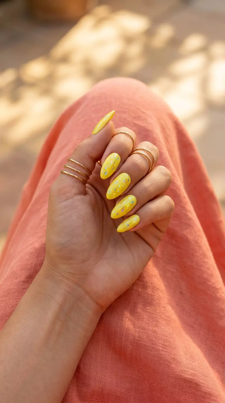 Lemon Zest Foil Flake Nails 2026 Dazzling lemon zest yellow foil flake nails for summer 2026. Playful, energetic, and glamorous for vacation.