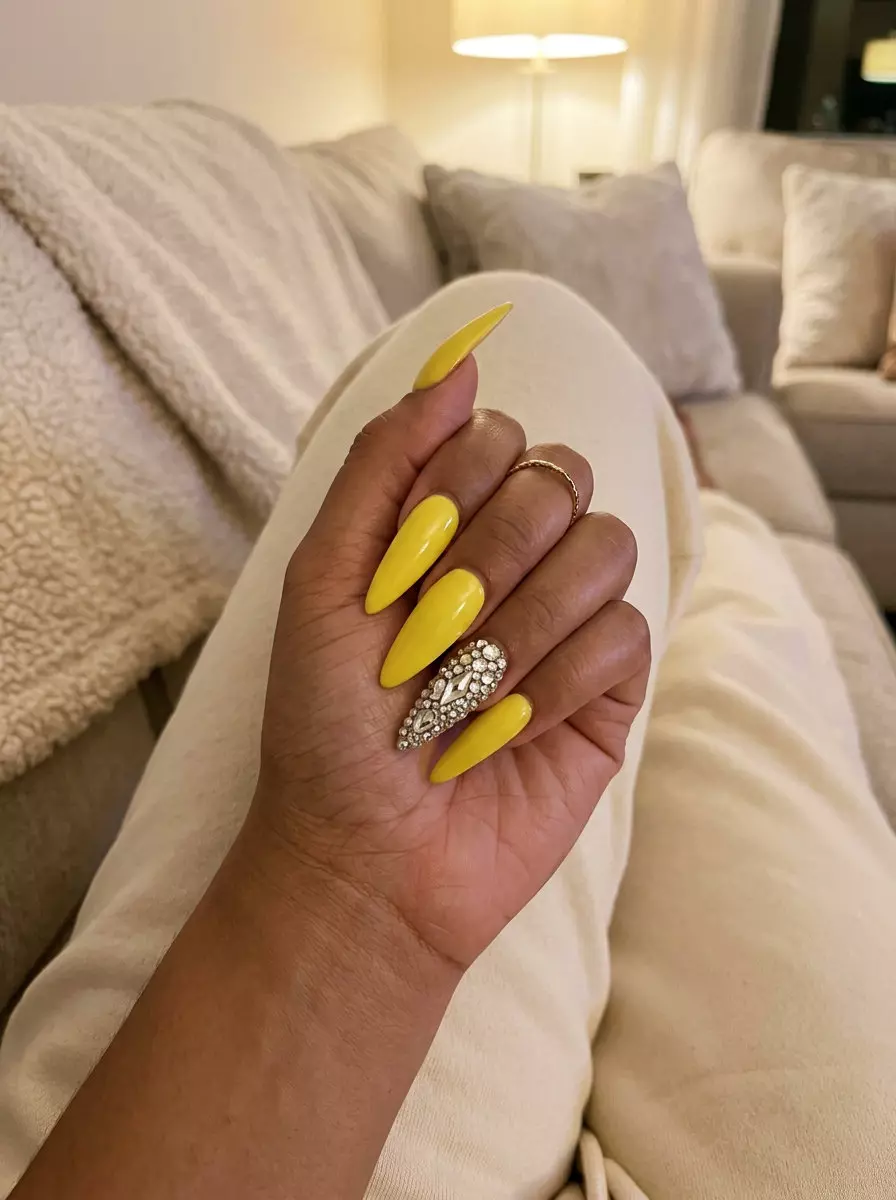 Lemon Zest Rhinestone Accent Coffin 2026 Lemon Zest Rhinestone Accent Coffin nails for summer nails yellow 2026. Glamorous and bold for parties.