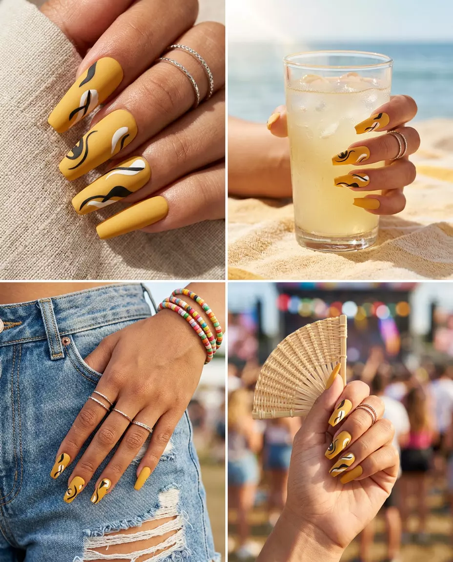 Mustard Yellow Graphic Abstract Decals 2026 Mustard Yellow Graphic Abstract Decals on medium nails for summer nails yellow 2026. Artistic and modern for festivals.