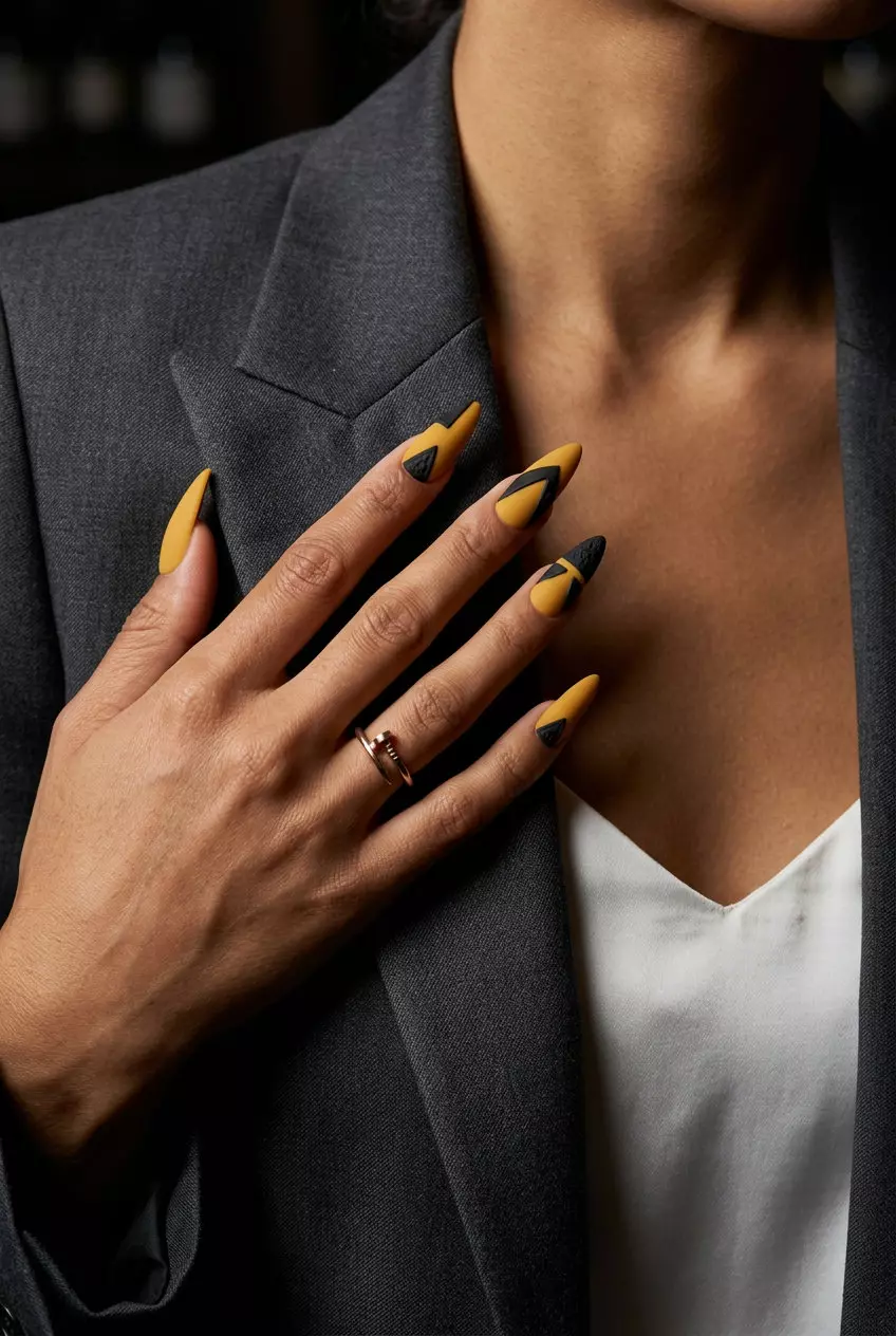 Mustard Yellow Textured Geometric 2026 Mustard Yellow Textured Geometric stiletto nails for summer nails yellow 2026. Edgy and avant-garde for parties.
