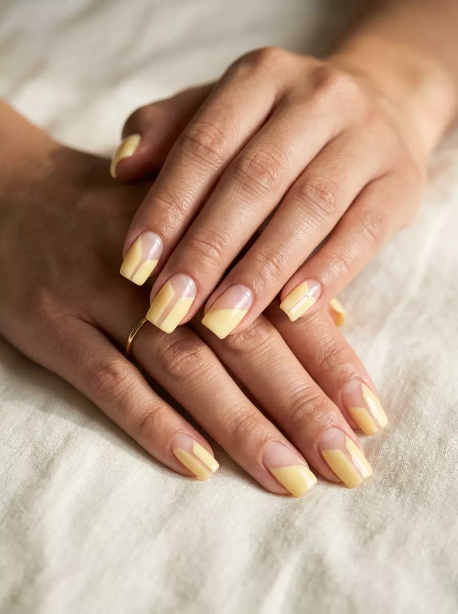 Butter Yellow Negative Space Nails 2026 Chic butter yellow negative space nails for summer 2026. Minimalist, clean-girl style for work or casual days.
