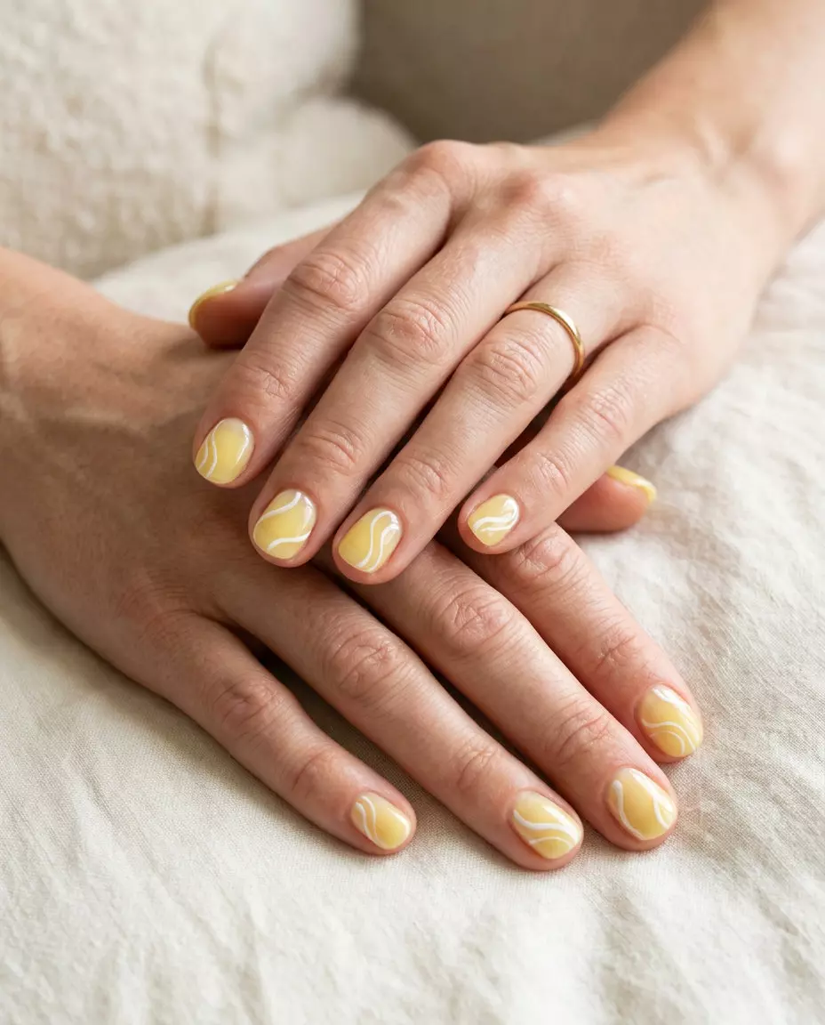 Pastel Yellow Jelly Swirls 2026 Pastel Yellow Jelly Swirls coffin nails for summer nails yellow 2026. Whimsical and playful for casual outings.