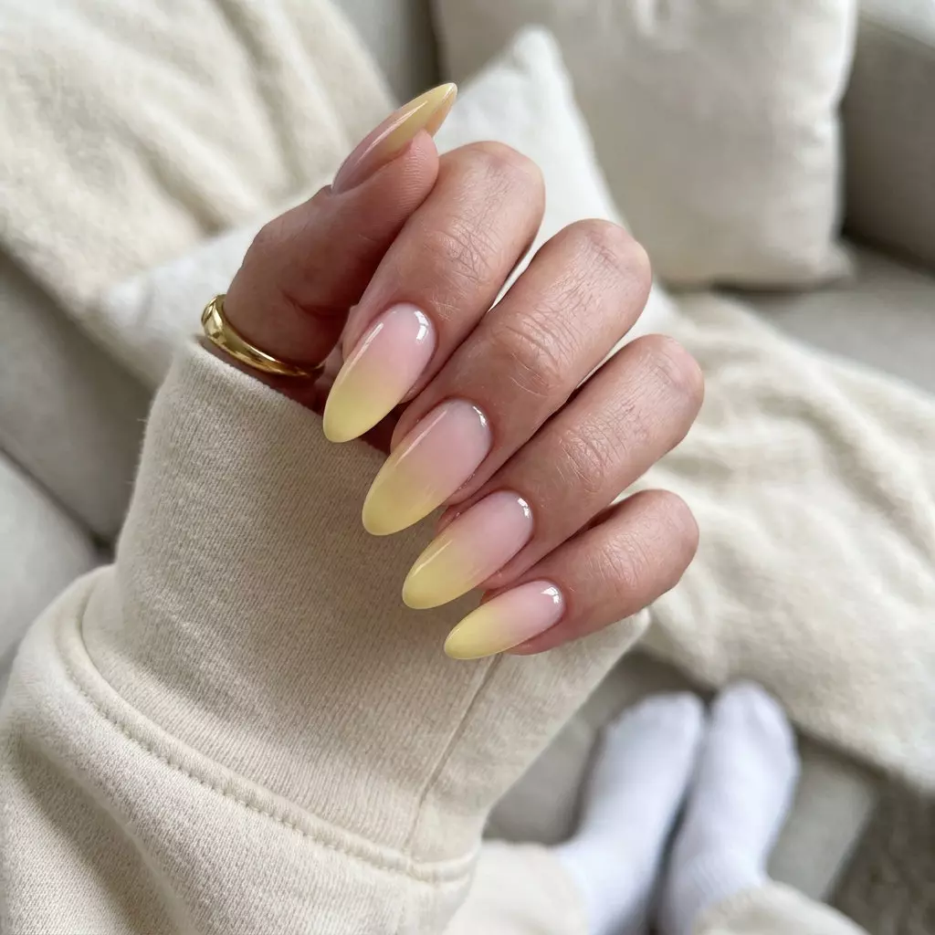 Sunset Pastel Gradient Almond Nails 2026 Sunset Pastel Gradient Almond nails with sheer pink to pastel yellow for summer nails yellow 2026. Perfect for weddings.